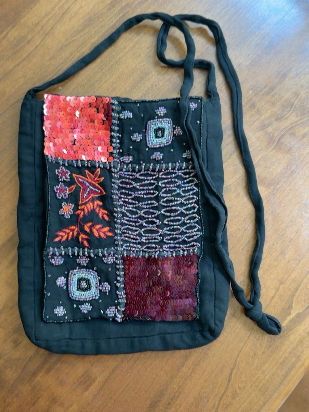 Boho Beaded Sequin Patchwork Crossbody Bag Black Embroidered